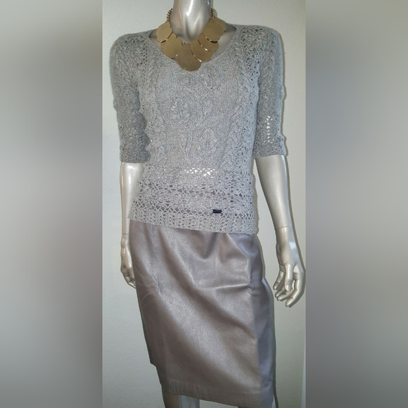 *$2,200 OSCAR DE LA RENTA GREY CASHMERE RUNWAY HAND KNIT BLOUSE S - Picture 3 of 9